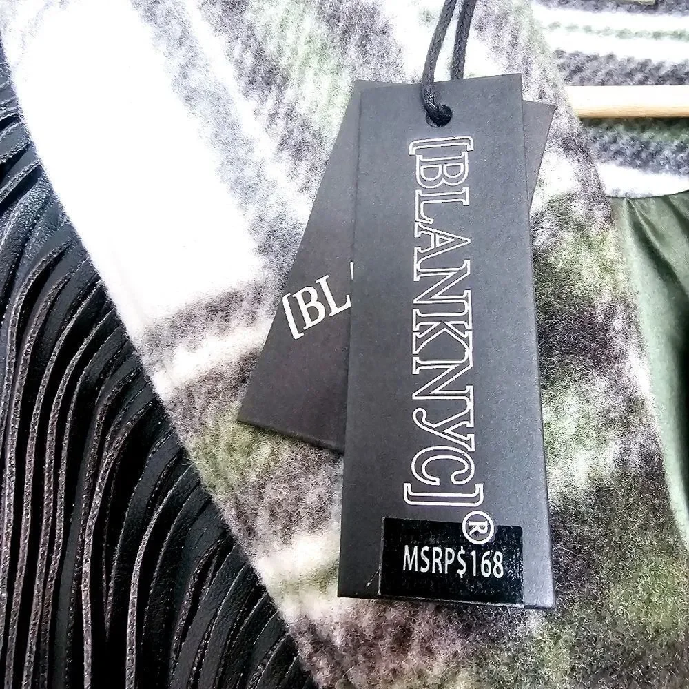 NWT BlankNYC Fringe Collar Green Scotland Plaid Oversized Winter Coat Size M
